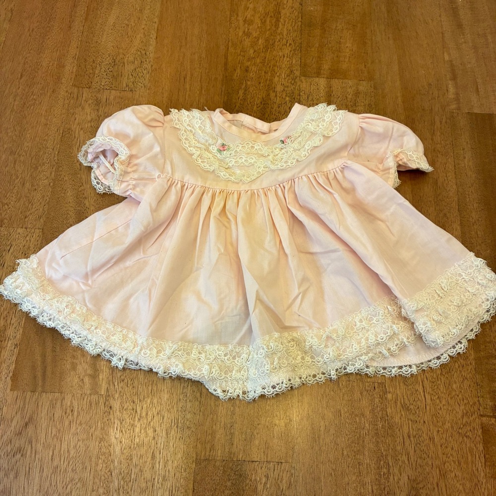 Vintage Cutest One Baby Dress 0-6 Months Doll Clothes Pink Lace Collar USA Made